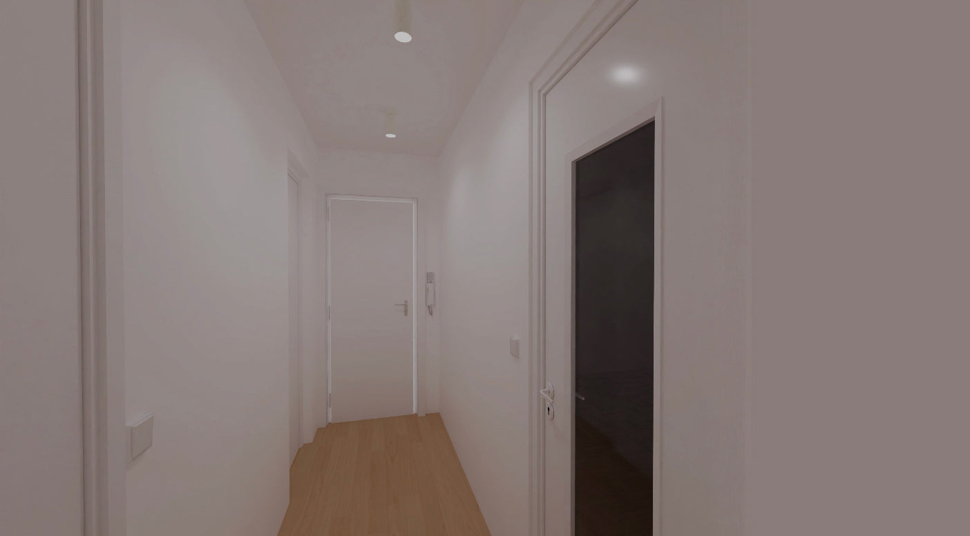 Schlüsselfertige Sanierung. Nachdem wir die Wohnung saniert wurde, sehen Sie hier den Flur, wie dieser fotorealistisch visualisiert wurde.
